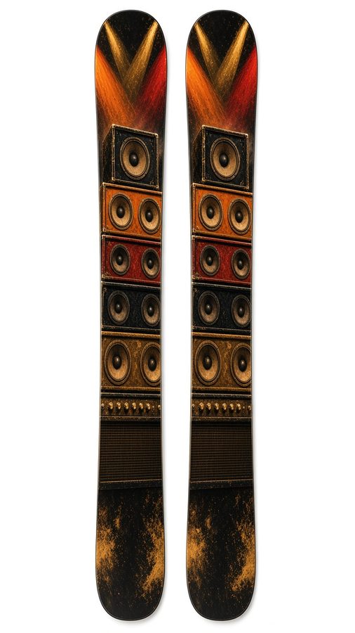 Amp Stack wrap on a pair of skis: stacked amp cabinets under orange stage lights