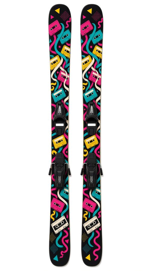 Mixtape wrap on a pair of skis: bright cassette tapes and loose ribbons of tape on black